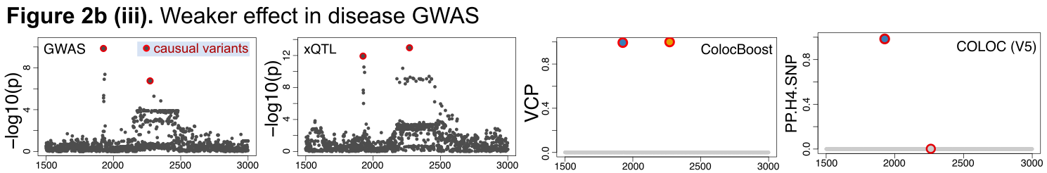 Colocalization with a weaker causal effect in the disease GWAS.